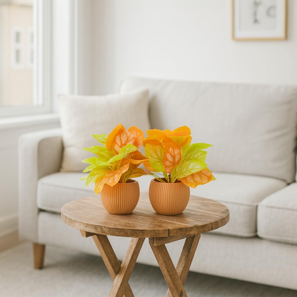 Artificial Table Plant for Home Office Decor – Yellow Orange Leaf Arrangement in Ribbed Pot