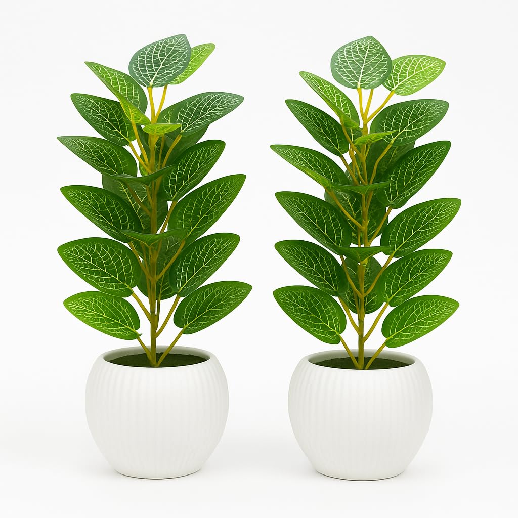 Artificial Green Money Leaf Plant in White Ribbed Pot