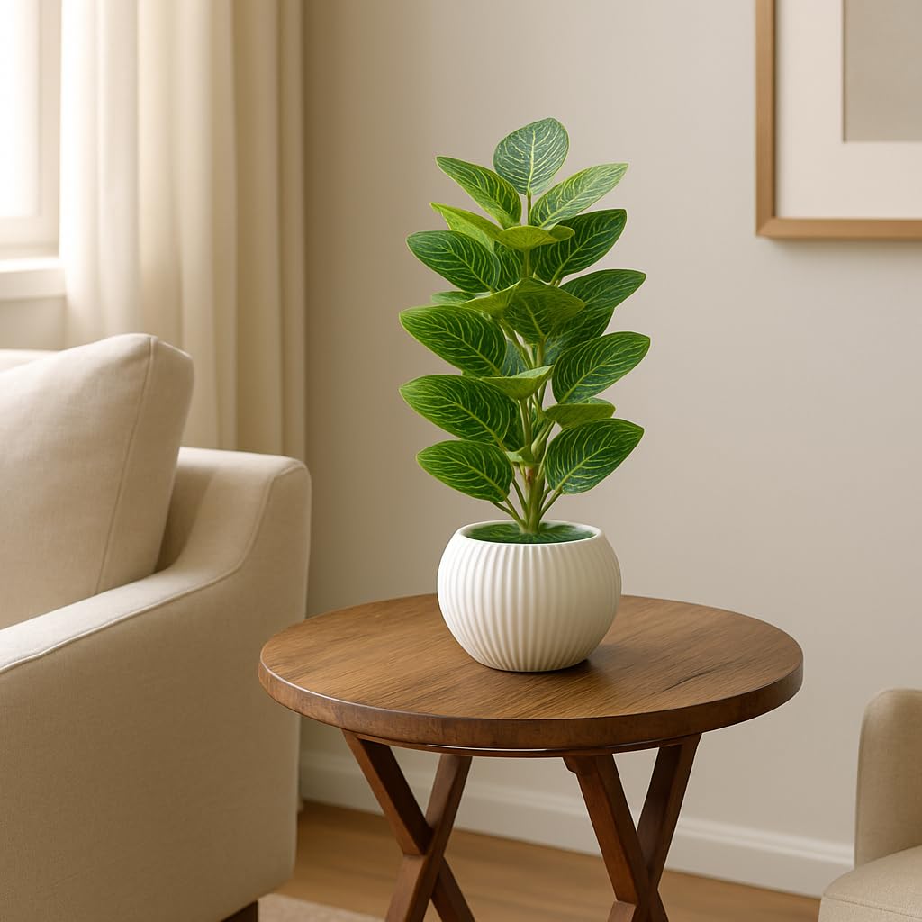Artificial Green Money Leaf Plant in White Ribbed Pot