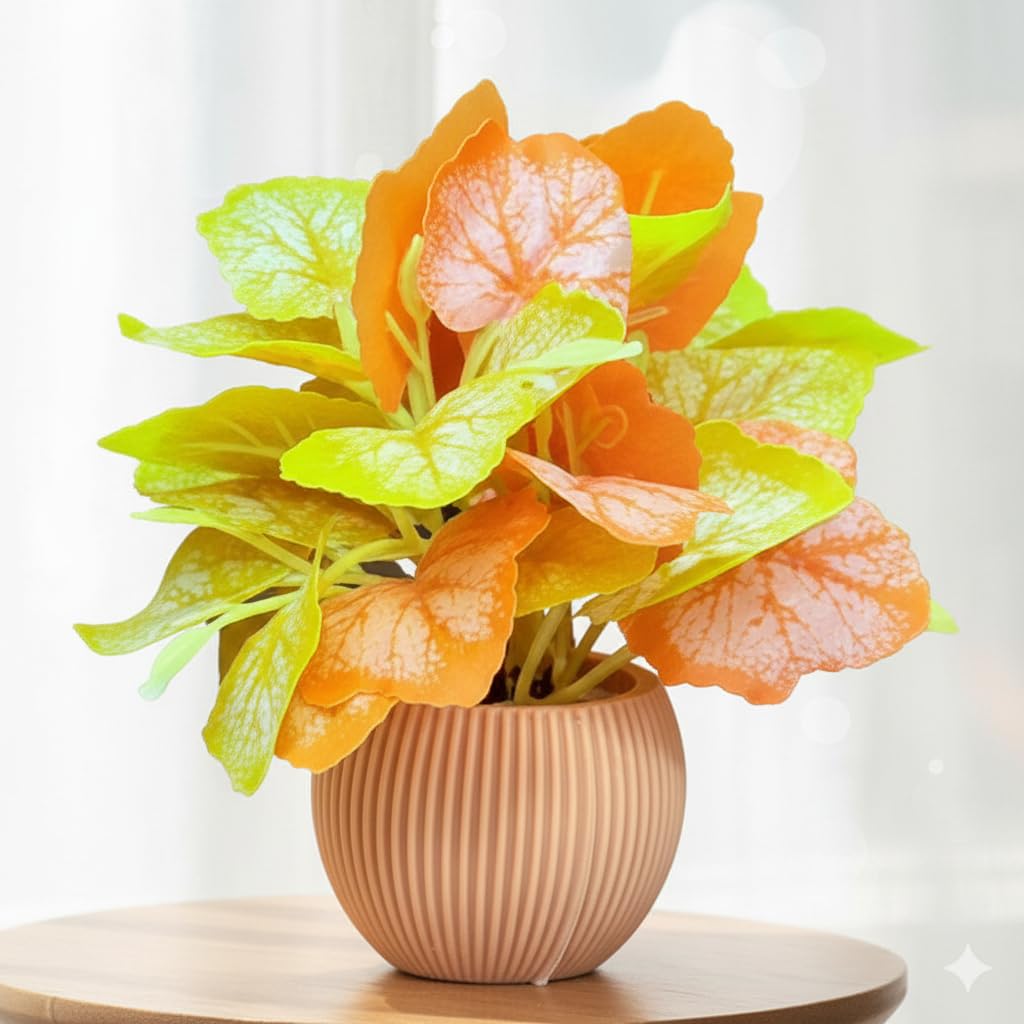 Artificial Table Plant for Home Office Decor – Yellow Orange Leaf Arrangement in Ribbed Pot