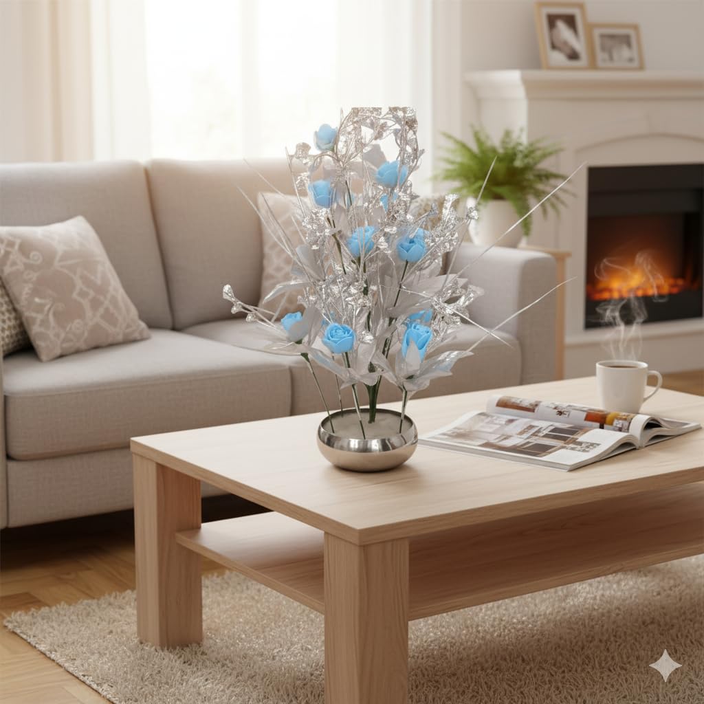 Modern Artificial Blue Flower Plant in Silver Steel Pot – 37 cm