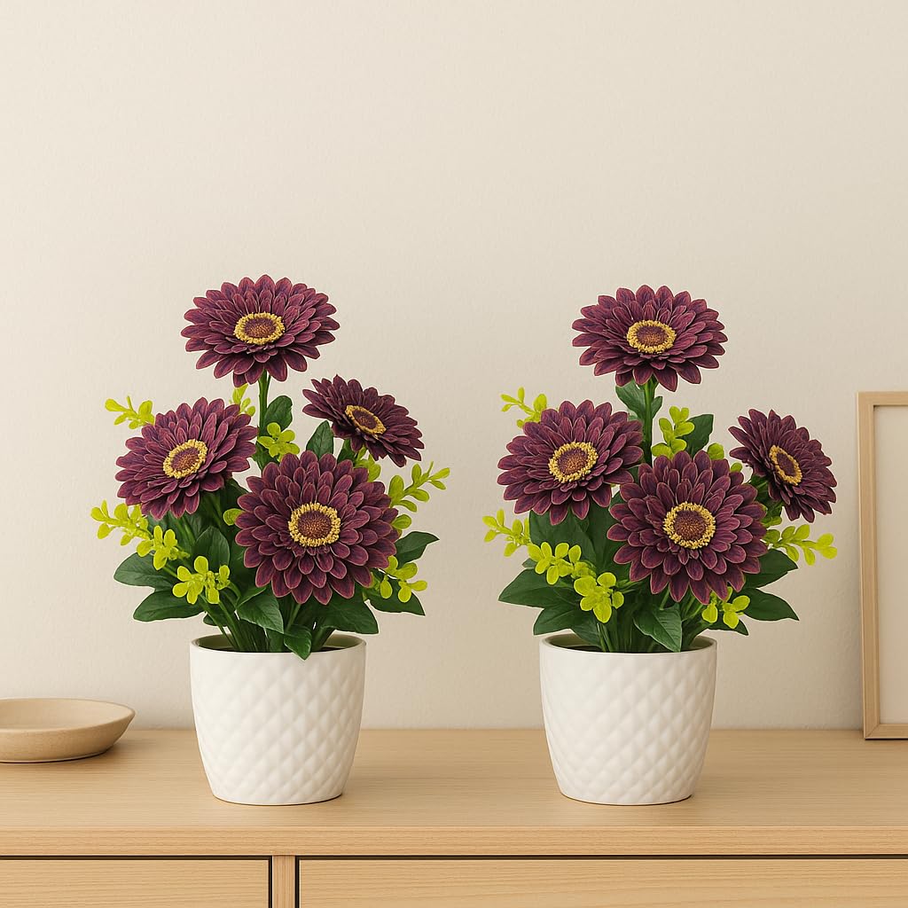 {{ Artificial Flower Arrangement Purple Daisy with Yellow Accents in White Geometric Pot - Purple Desai }} {{ Color }}