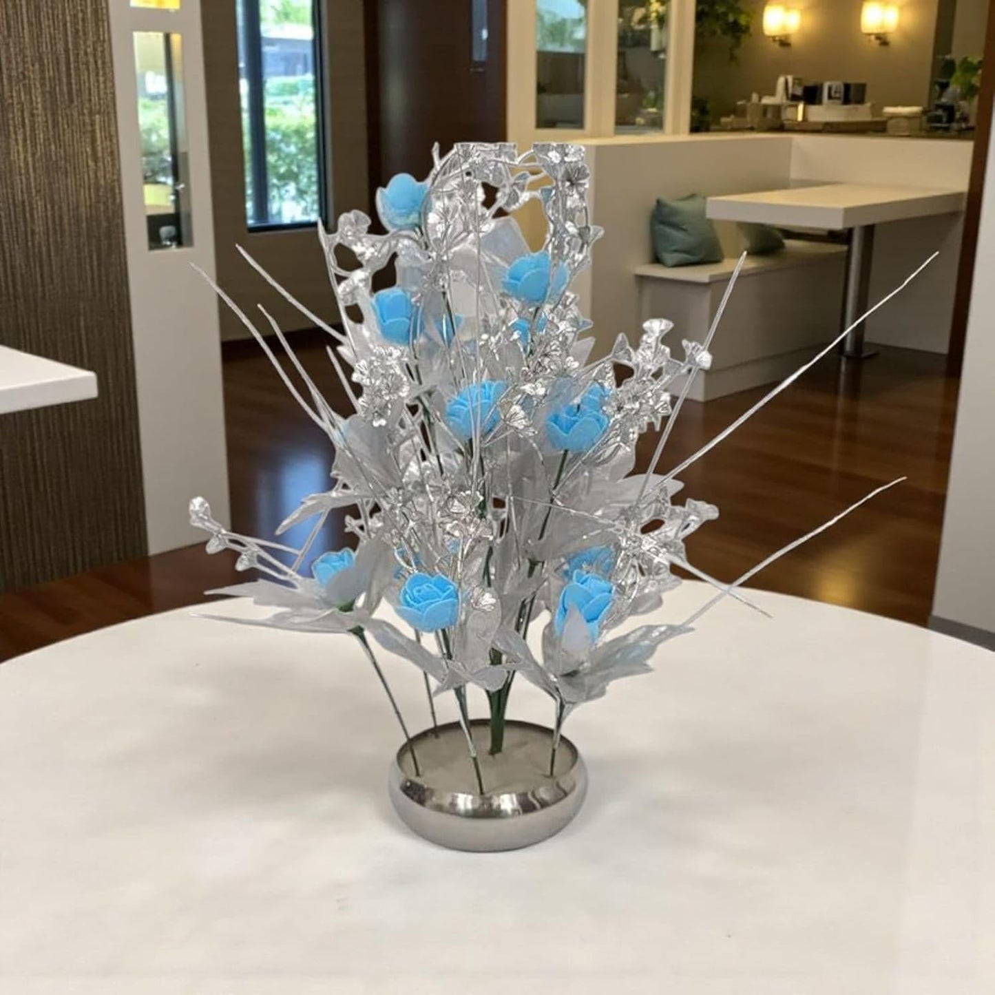Modern Artificial Blue Flower Plant in Silver Steel Pot – 37 cm