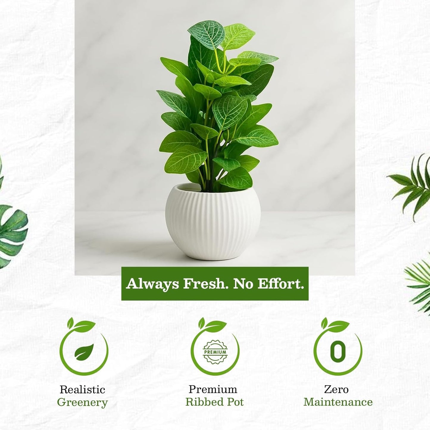 Artificial Green Money Leaf Plant in White Ribbed Pot