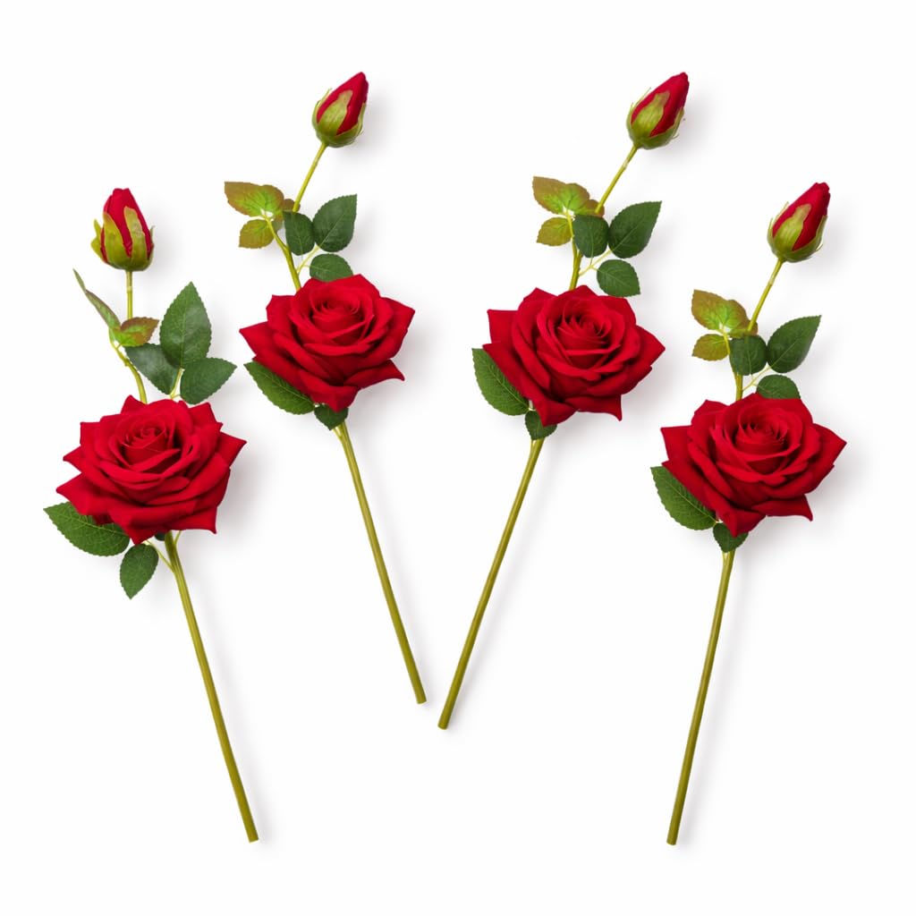 Artificial Red Rose Stick | Realistic Artificial Flower with Bud
