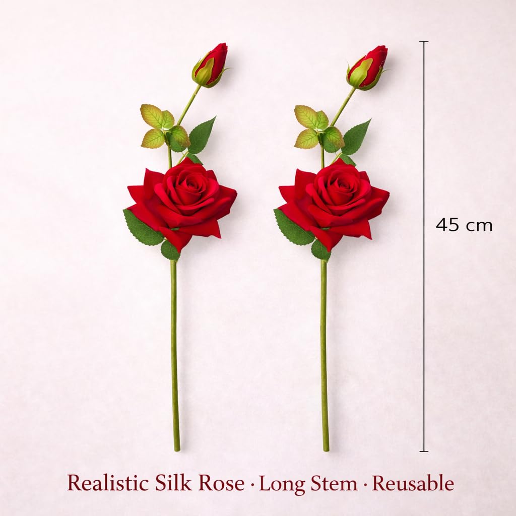 Artificial Red Rose Stick | Realistic Artificial Flower with Bud