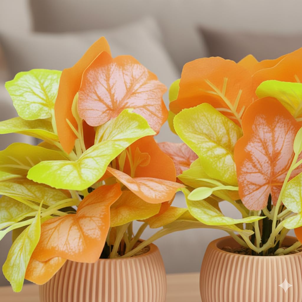 Artificial Table Plant for Home Office Decor – Yellow Orange Leaf Arrangement in Ribbed Pot