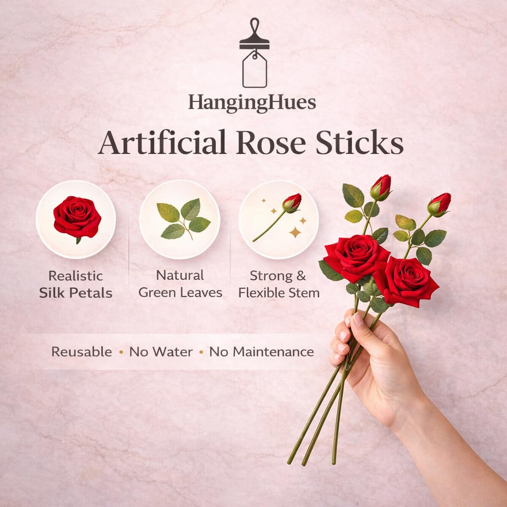Artificial Red Rose Stick | Realistic Artificial Flower with Bud