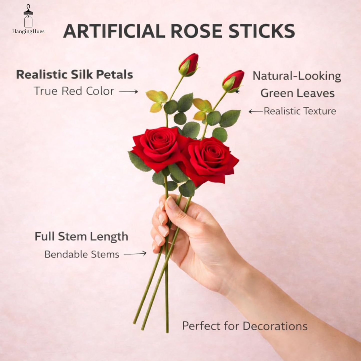 Artificial Red Rose Stick | Realistic Artificial Flower with Bud