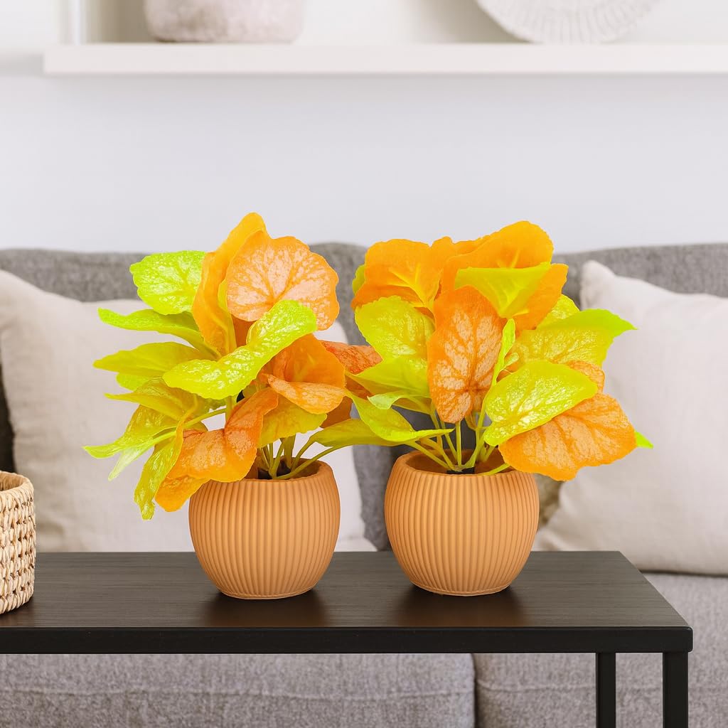 Artificial Table Plant for Home Office Decor – Yellow Orange Leaf Arrangement in Ribbed Pot