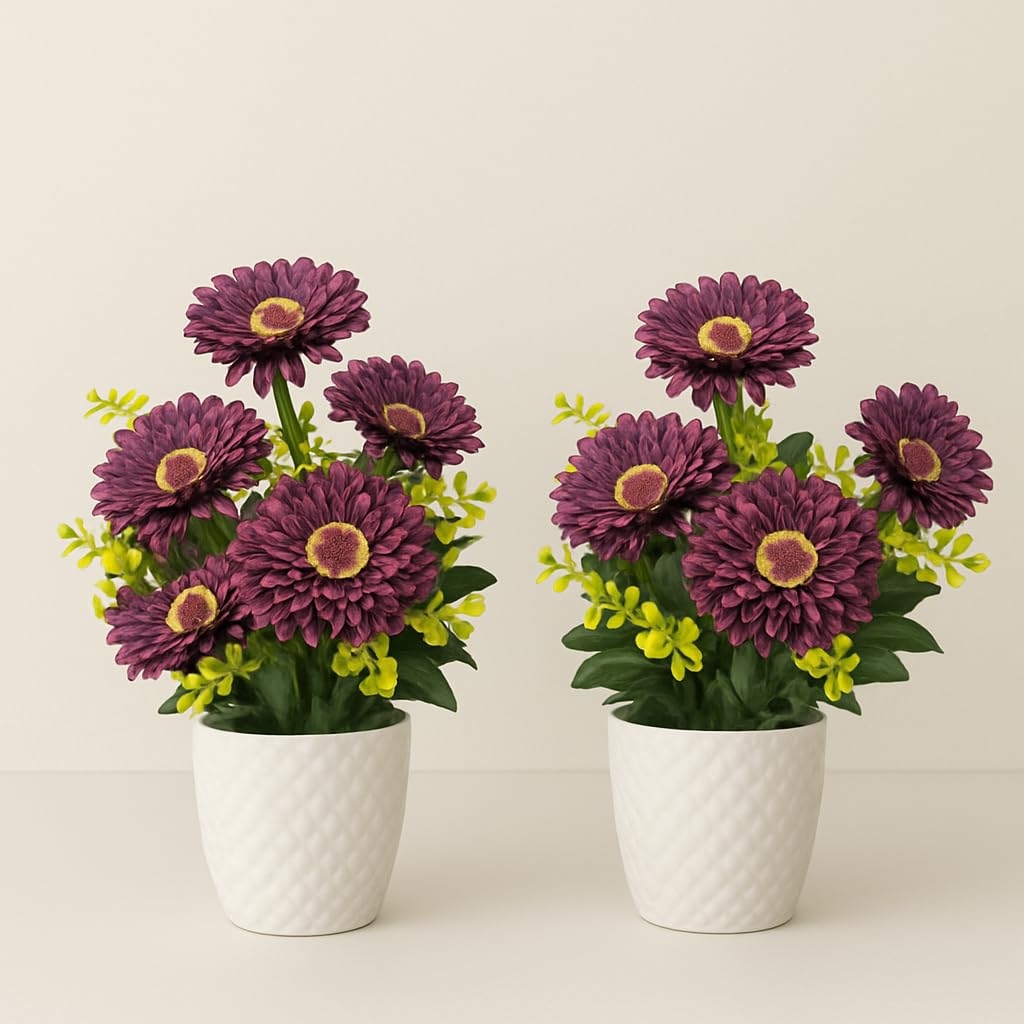 {{ Artificial Flower Arrangement Purple Daisy with Yellow Accents in White Geometric Pot - Purple Desai }} {{ Color }}