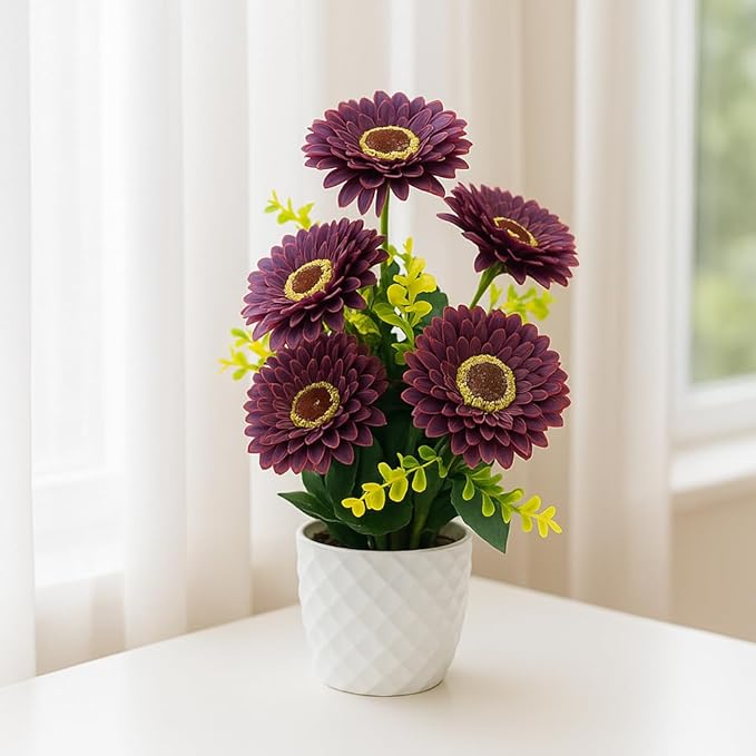 {{ Artificial Flower Arrangement Purple Daisy with Yellow Accents in White Geometric Pot - Purple Desai }} {{ Color }}