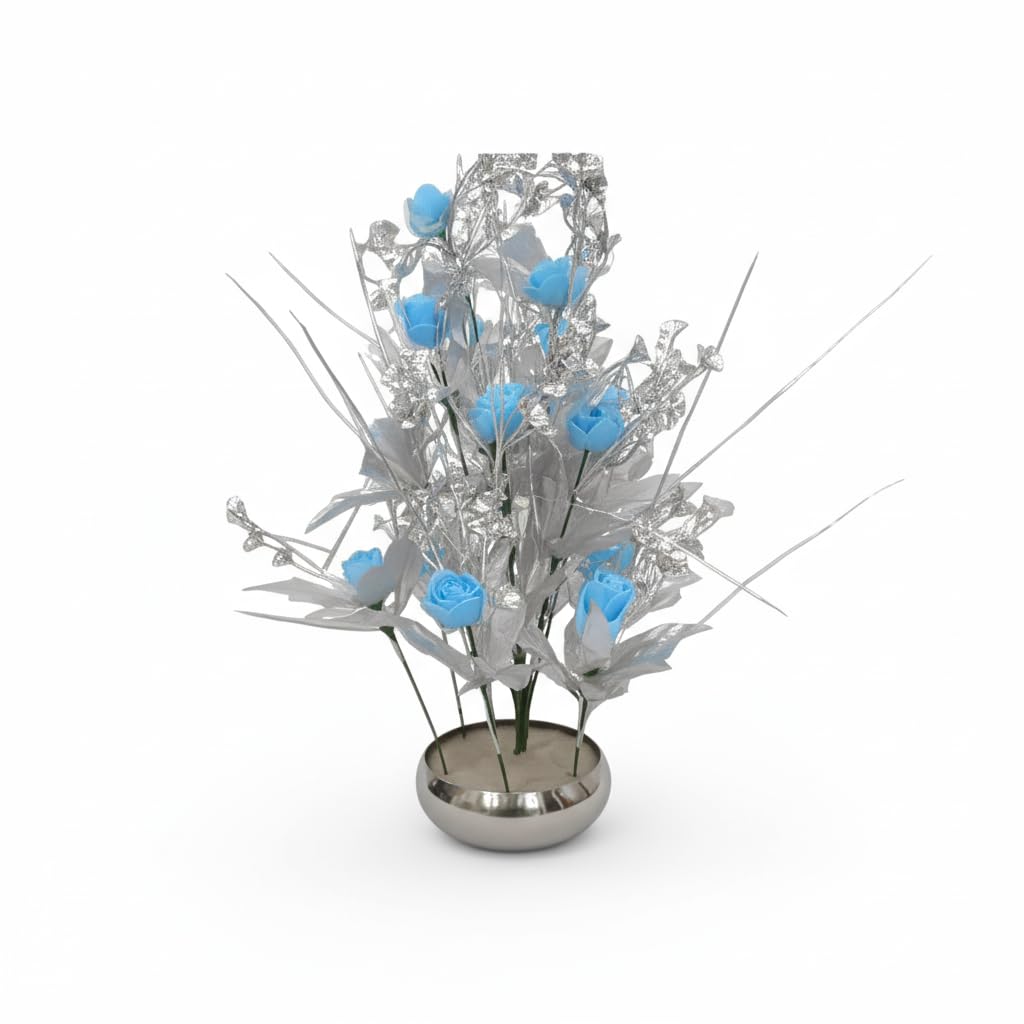 Modern Artificial Blue Flower Plant in Silver Steel Pot – 37 cm