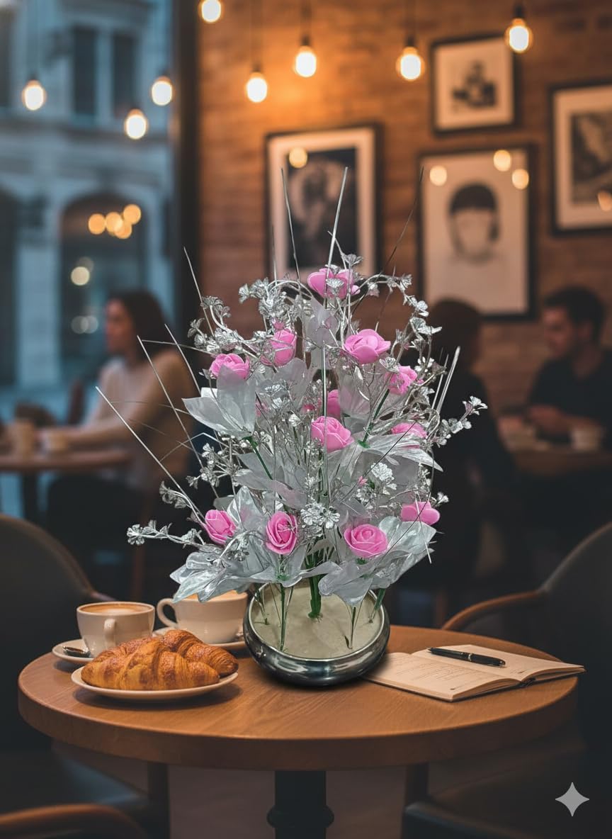 Artificial Pink Flower Plant in Silver Steel Pot – 37 cm