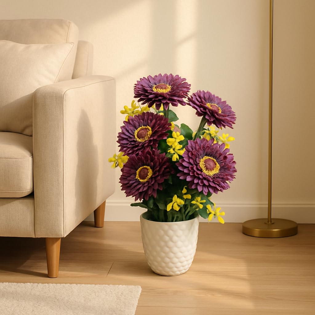 {{ Artificial Flower Arrangement Purple Daisy with Yellow Accents in White Geometric Pot - Purple Desai }} {{ Color }}
