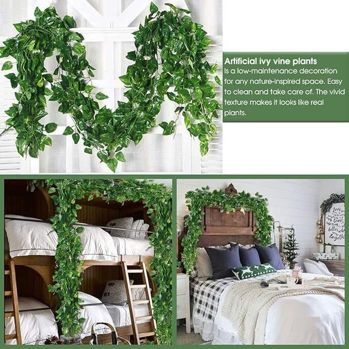 12 Pcs Artificial Green Vines with 2 Warm LED Fairy Lights