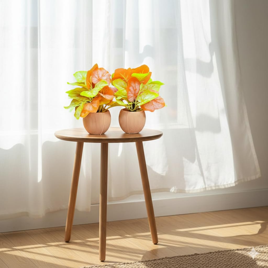 Artificial Table Plant for Home Office Decor – Yellow Orange Leaf Arrangement in Ribbed Pot