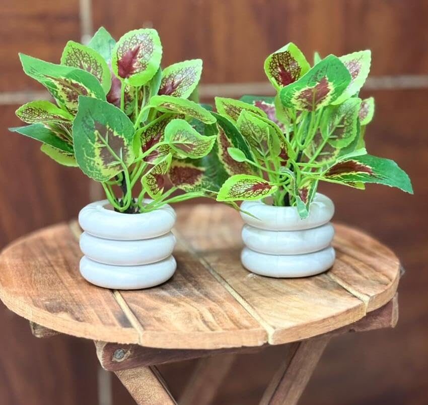 Artificial Plants for Home Décor – Green & Red Leaf Faux Plants with Fiber Plastic Pots-Pack of 2