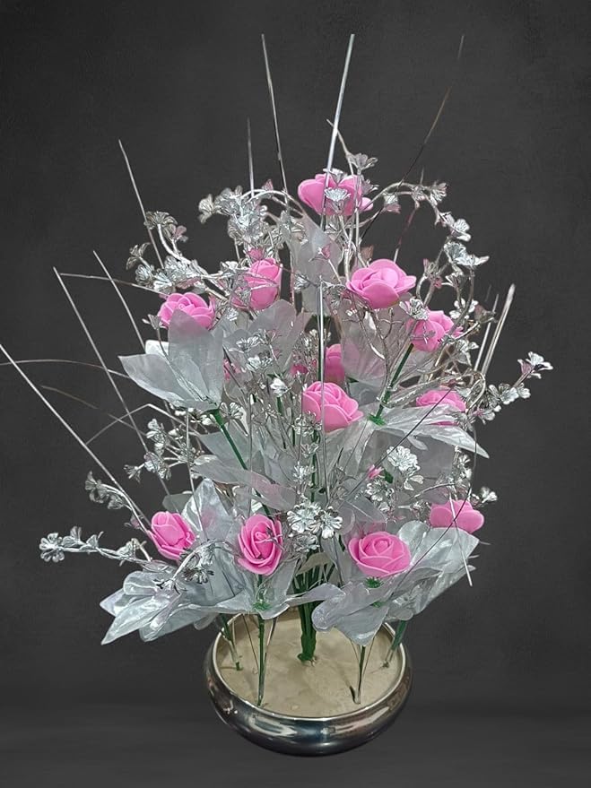 Artificial Pink Flower Plant in Silver Steel Pot – 37 cm