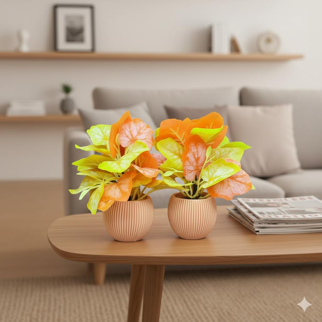 Artificial Table Plant for Home Office Decor – Yellow Orange Leaf Arrangement in Ribbed Pot