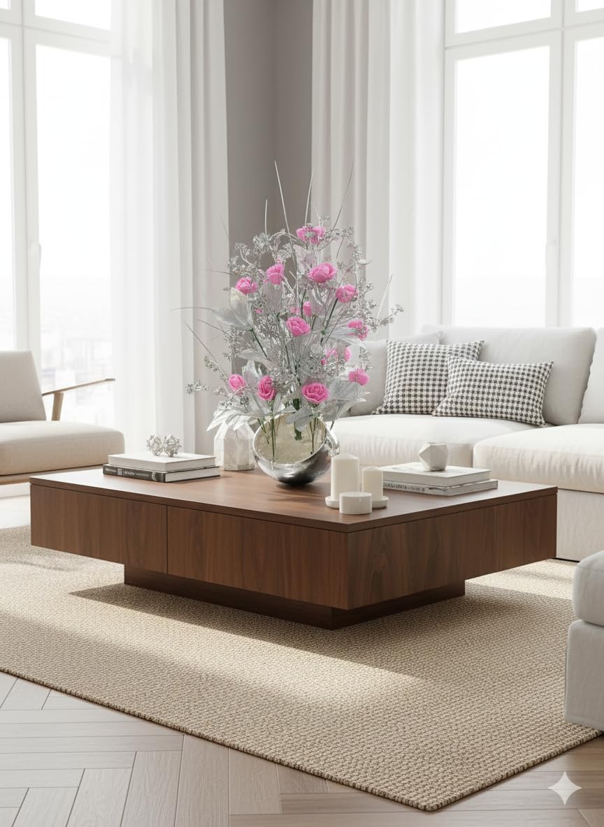 Artificial Pink Flower Plant in Silver Steel Pot – 37 cm