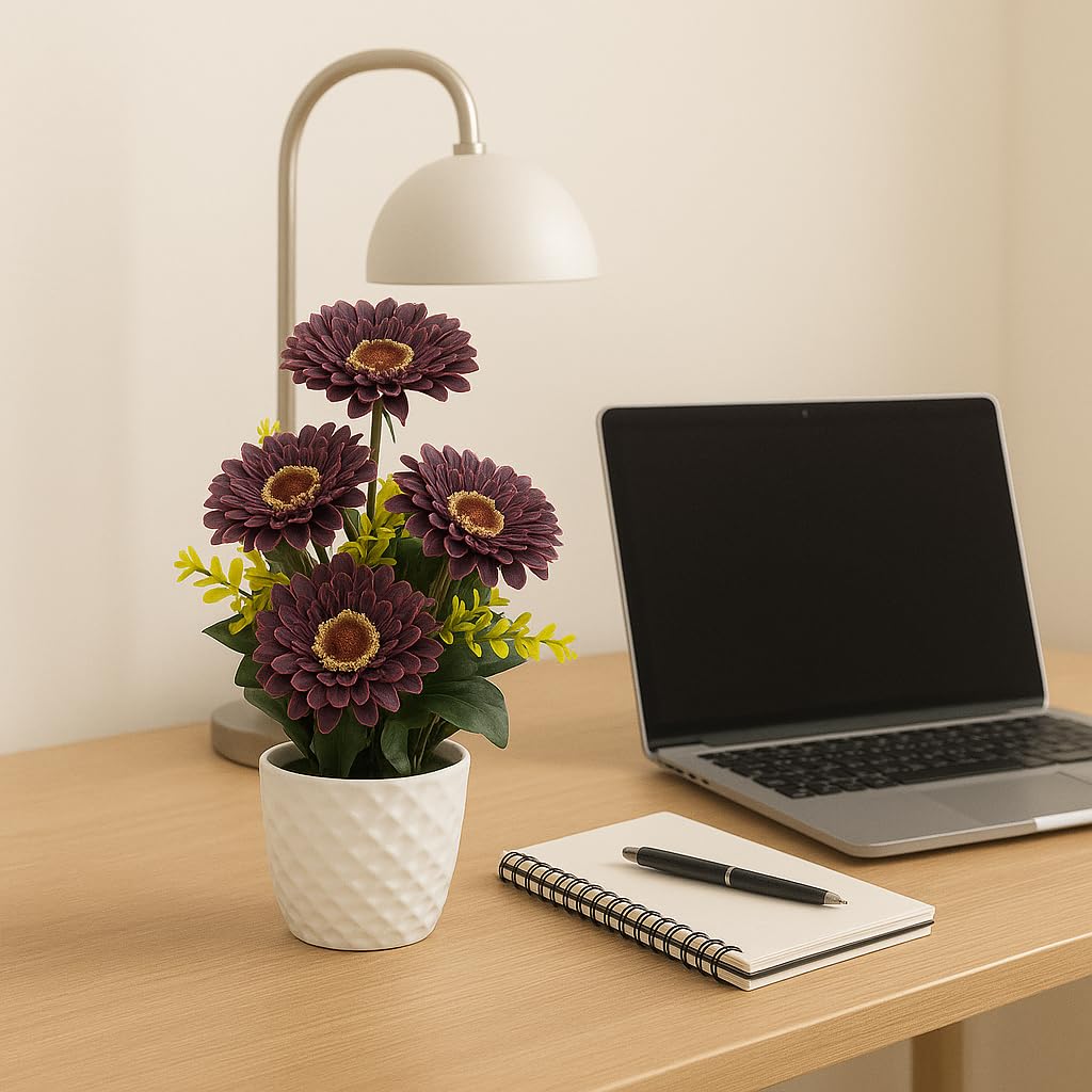 {{ Artificial Flower Arrangement Purple Daisy with Yellow Accents in White Geometric Pot - Purple Desai }} {{ Color }}