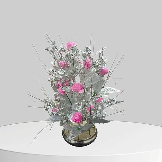 Artificial Pink Flower Plant in Silver Steel Pot – 37 cm