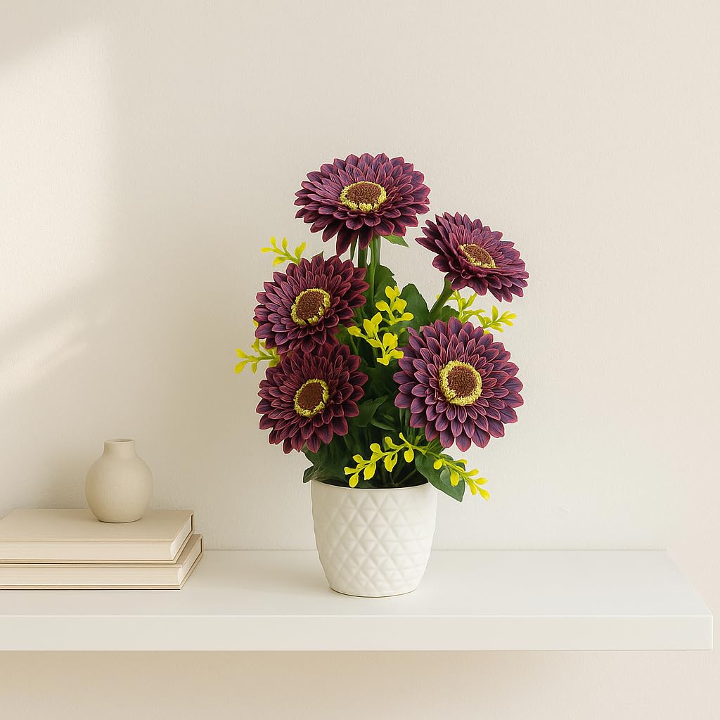 {{ Artificial Flower Arrangement Purple Daisy with Yellow Accents in White Geometric Pot - Purple Desai }} {{ Color }}