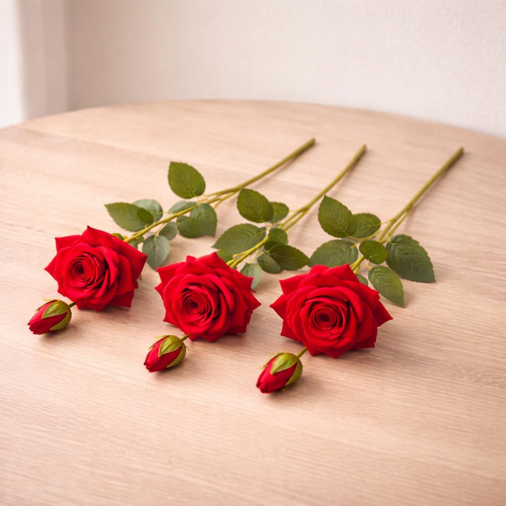 Artificial Red Rose Stick | Realistic Artificial Flower with Bud