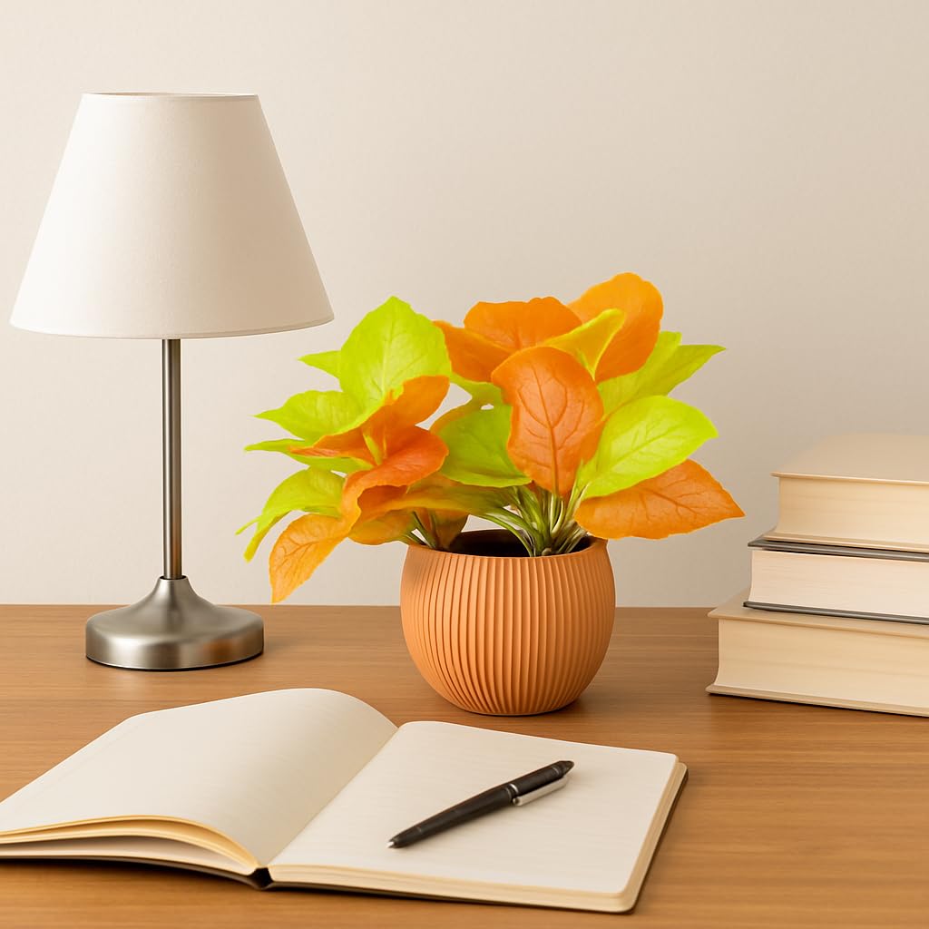 Artificial Table Plant for Home Office Decor – Yellow Orange Leaf Arrangement in Ribbed Pot