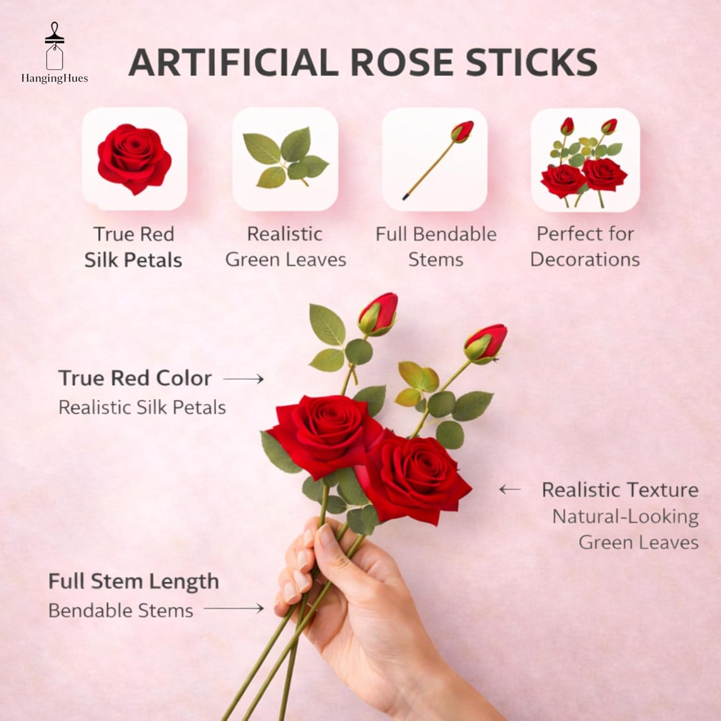 Artificial Red Rose Stick | Realistic Artificial Flower with Bud