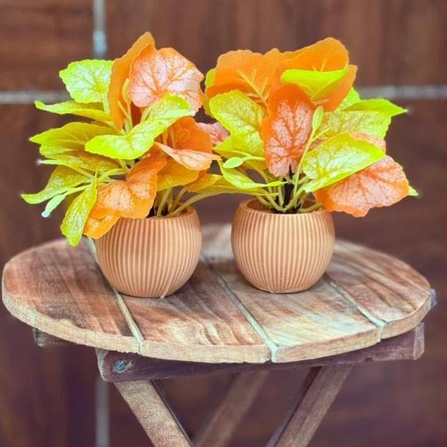 Artificial Table Plant for Home Office Decor – Yellow Orange Leaf Arrangement in Ribbed Pot