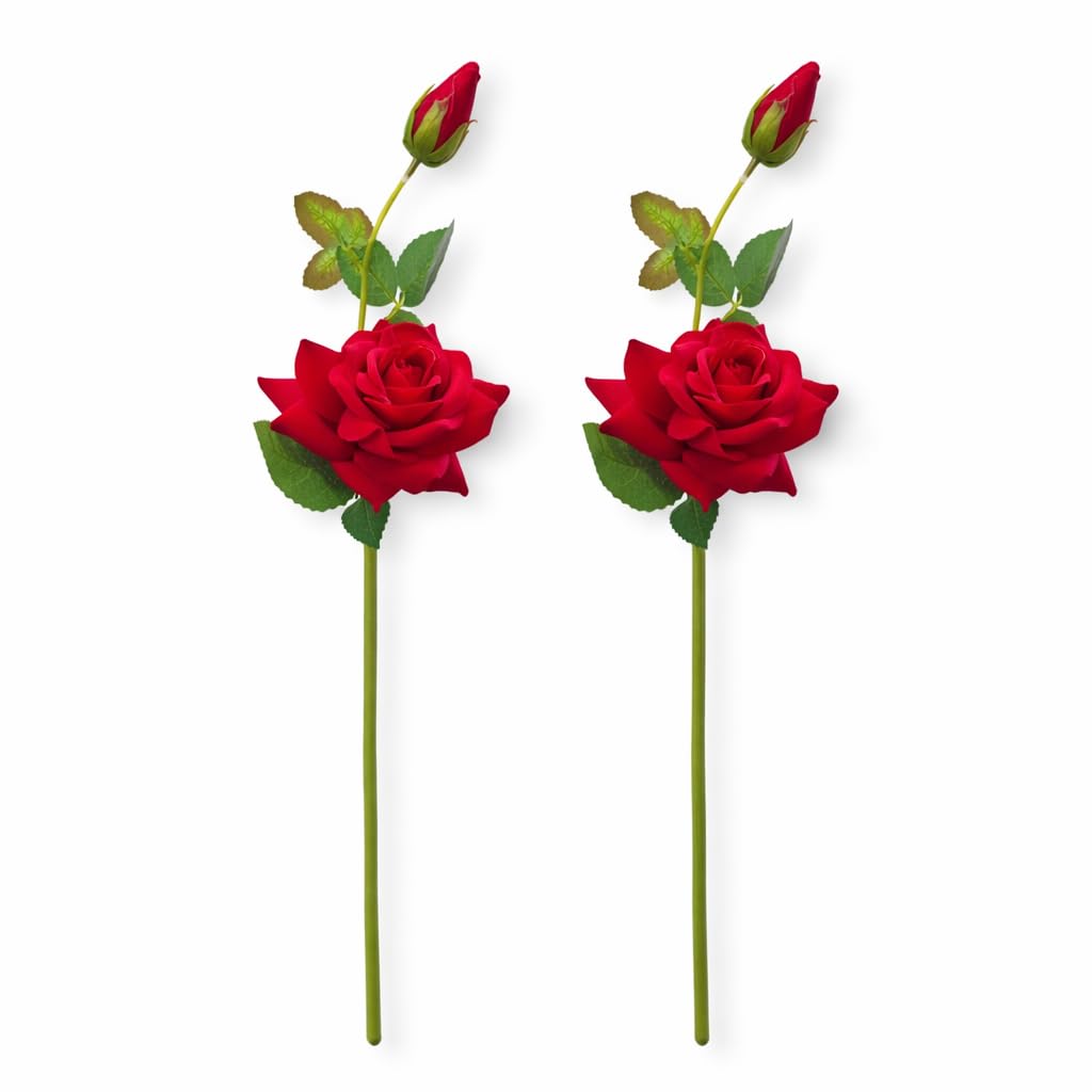 Artificial Red Rose Stick | Realistic Artificial Flower with Bud